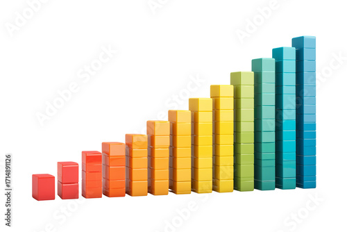 Colorful building blocks arranged in a rising bar graph chart isolated on a transparent background image