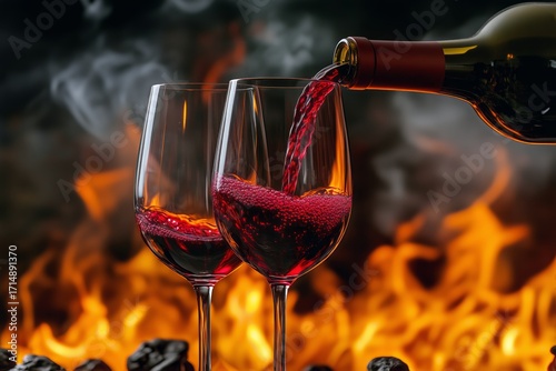 Pouring Red Wine Into a Glass by a Warm Fireplace During a Cozy Evening.