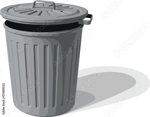 Cartoon metal trash can, gray bin with lid, sanitation icon, waste container, urban cleanup, garbage disposal, infrastructure, hygiene, illustration
