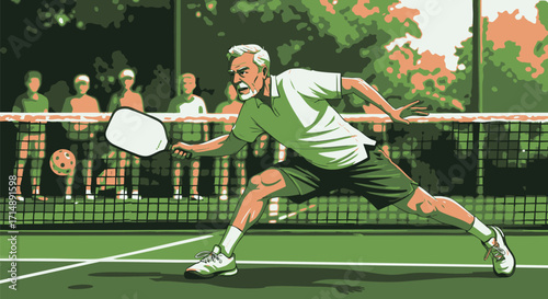 Senior Pickleball Player in Action on the Court with Spectators in the Background