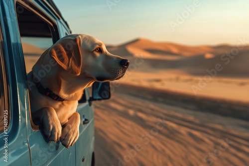 Dog Enjoys a Scenic Ride Beside Desert Dunes at Sunset in a Blue Van