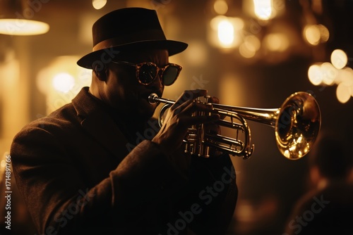 Musician Playing Trumpet in a Jazz Club During a Lively Evening Performance