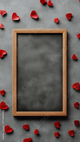 Red Hearts Surround a Blank Wooden Frame on a Gray Background for Decorations...