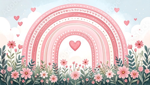 Pastel rainbow with flowers and hearts.  A whimsical, child-friendly design