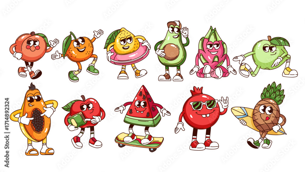 Obraz premium Groovy fruit and berry cartoon characters activity set. Funny retro personages walk with rubber ring and surfboard, skateboard. Fruit mascot, cartoon stickers of 70s 80s style vector illustration
