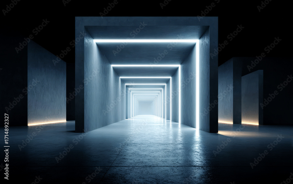Obraz premium Modern geometric corridor with glowing neon lights creating a futuristic ambiance