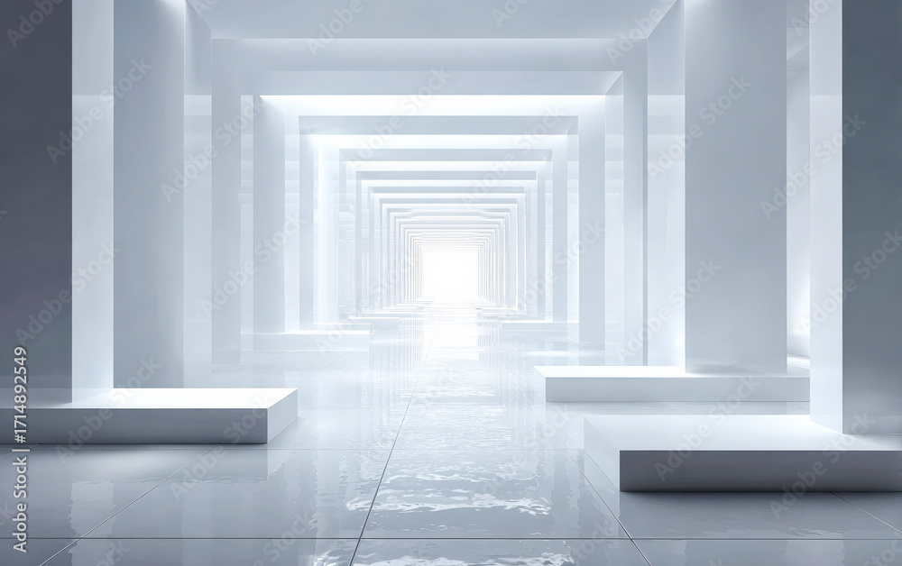 Obraz premium A long and bright white corridor with multiple pillars and reflective floor