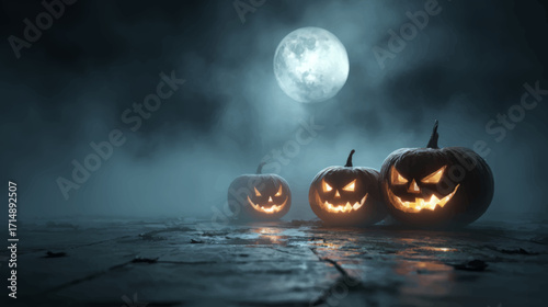 Three glowing jack o lantern pumpkins under full moon with misty eerie Halloween atmosphere.