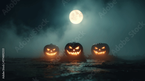 Three glowing jack o lantern pumpkins under full moon with misty eerie Halloween atmosphere.