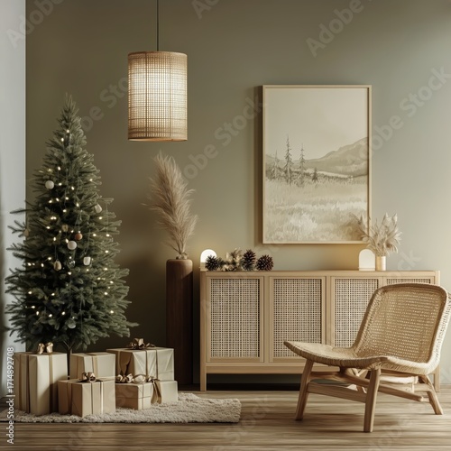 Cozy Holiday Living Room With a Christmas Tree and Wrapped Gifts Decorated fo...
