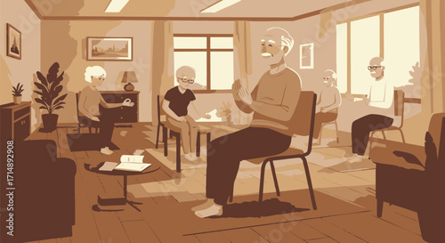 Support Group Gathering Seniors Sharing Experiences in a Bright Room