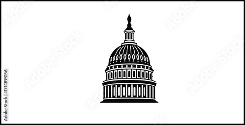 United States Capitol silhouette, government architecture, dome and columns, black and white design, vector icon, national building, symmetrical layout, democracy symbol