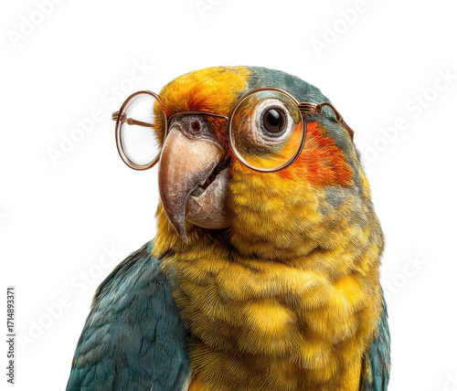 Parrot wearing glasses home animal portrait PNG, isolated on transparent background