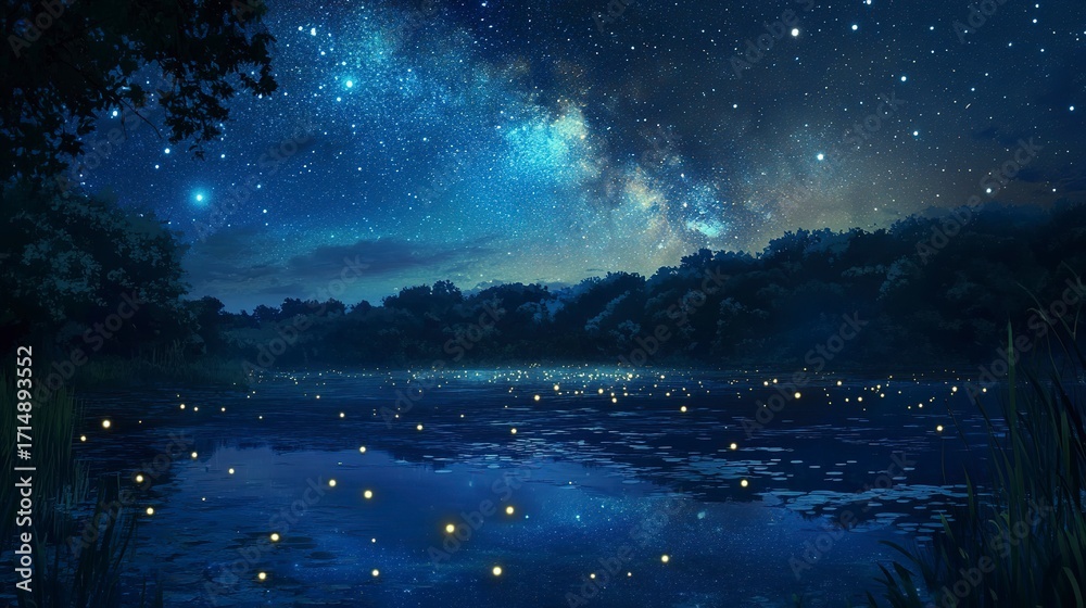 Fototapeta premium Starry night sky glows over a tranquil lake reflecting the Milky Way and shimmering fireflies