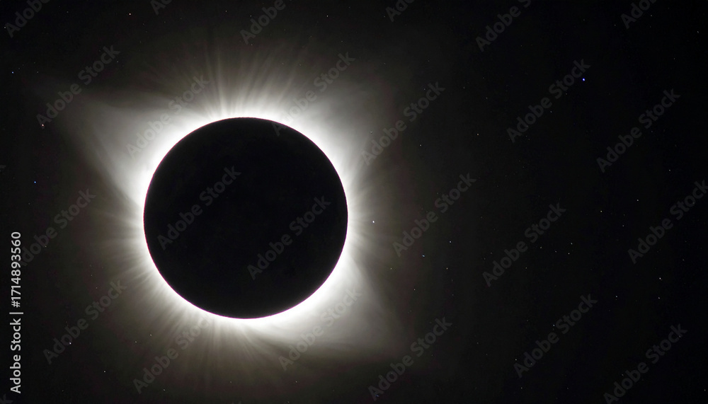 Fototapeta premium Cosmic scene of total solar eclipse, dark silhouette of the moon, stars faintly on background