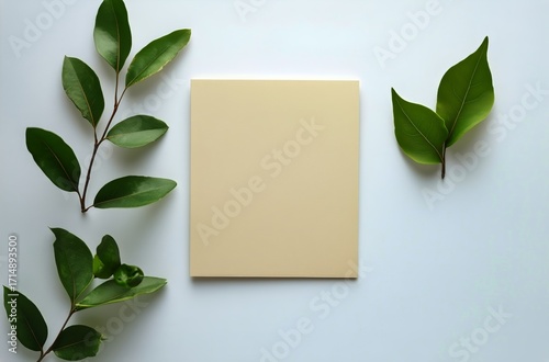 Simple Square Notepad With Green Leaves Arranged Around It in a Minimalist Se...