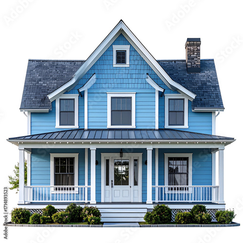 Beautiful two-story family house in vibrant blue with classic design, featuring a welcoming porch, isolated on Transparent Background