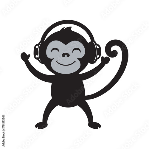 Monkey Wearing Headphones And Dancing Silhouette