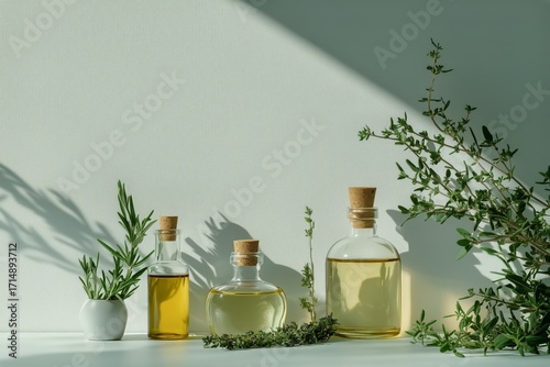 Natural Oils Displayed on a Minimalistic Surface With Green Herbs Under Soft ...