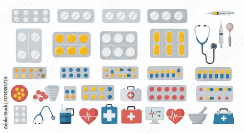 Medicine and pharmacy medical supplies and healthcare equipment vector illustration for pharmaceutical and healthcare industry use vector
