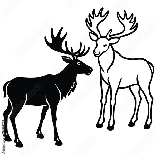 Collection of stylized deer and moose illustrations in various poses and natural settings