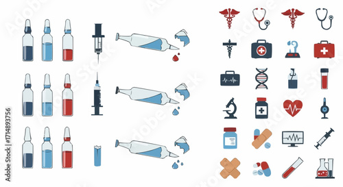 Medicine and pharmacy medical healthcare icons and ampoules with medicine and broken vials for pharmaceutical industry vector set vector