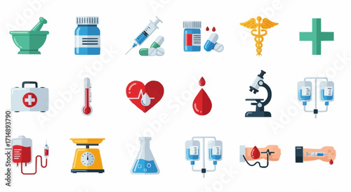 Medicine and pharmacy medical healthcare icons set vector illustration for health and wellness concept with medical equipment 100 vector