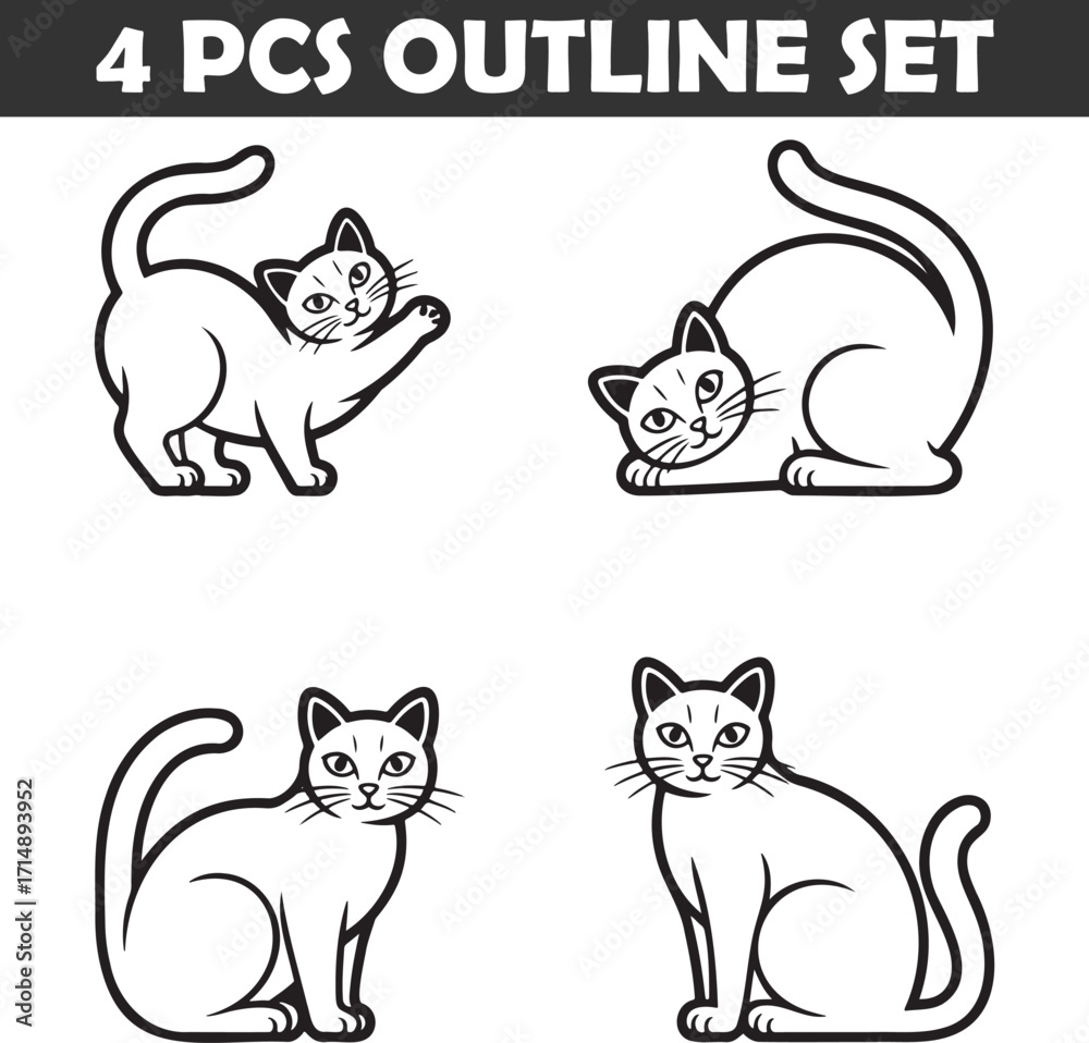 Fototapeta premium Set of Cat Outline vector illustration isolated On Transparent Background