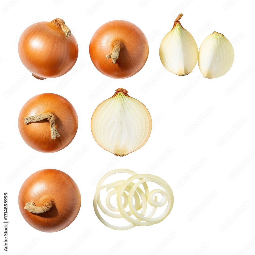 Fototapeta premium Fresh yellow onions, whole, half, peeled, and sliced, meticulously arranged in a clean studio flat lay on a bright white background with soft diffused light, concept of culinary versatility