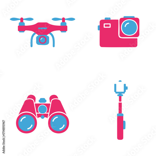 A set of four stylized icons representing modern gadgets for photography and observation, including a drone, camera, binoculars, and selfie stick.