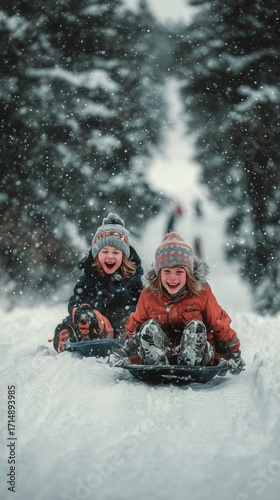 Two Children Joyfully Sledding Down a Snowy Hill During Winter in a Forest Se...