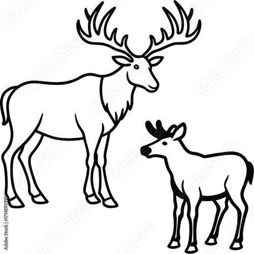 Collection of stylized deer and moose illustrations in various poses and natural settings