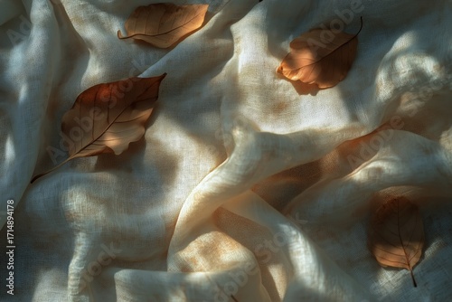 Leaves Resting on Soft Fabric Create a Serene Autumn Scene With Gentle Lighting
