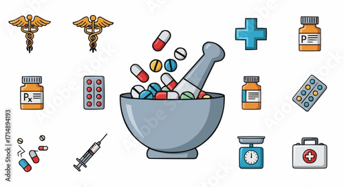 Medicine and pharmacy pharmacy healthcare medical pills capsules mortar pestle prescription medicine first aid kit health caduceus vector