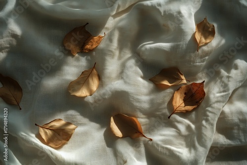 Autumn Leaves Scattered on a Soft Fabric Backdrop in Warm Sunlight