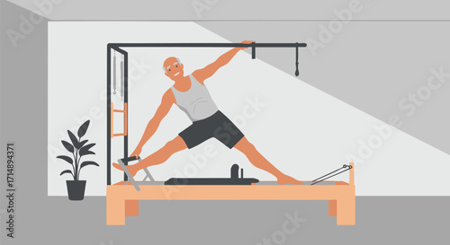 Happy senior man doing a stretching exercise on a Pilates reformer machine in a studio, promoting an active and healthy lifestyle