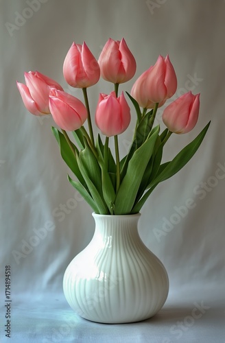 Beautiful Pink Tulips Arranged in a White Vase With Soft Background Colors in...