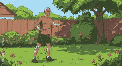 Active senior man exercising with resistance bands in a sunny backyard, promoting a healthy and fit lifestyle illustration