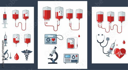 Medicine and pharmacy blood donation concept vector illustration, medical equipment and blood bags for transfusion and healthcare use vector