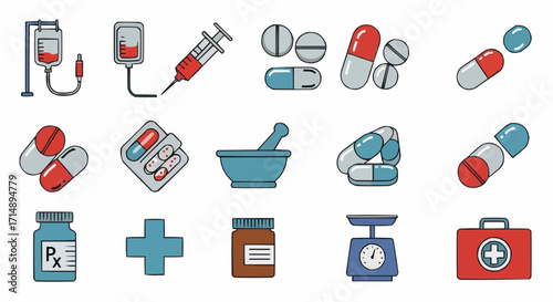 Medicine and pharmacy medical supplies and healthcare equipment vector illustration for pharmaceutical industry design and infographics vector