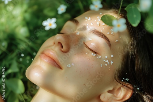 Woman Lays in a Field Surrounded by Small White Flowers and Green Leaves in S...