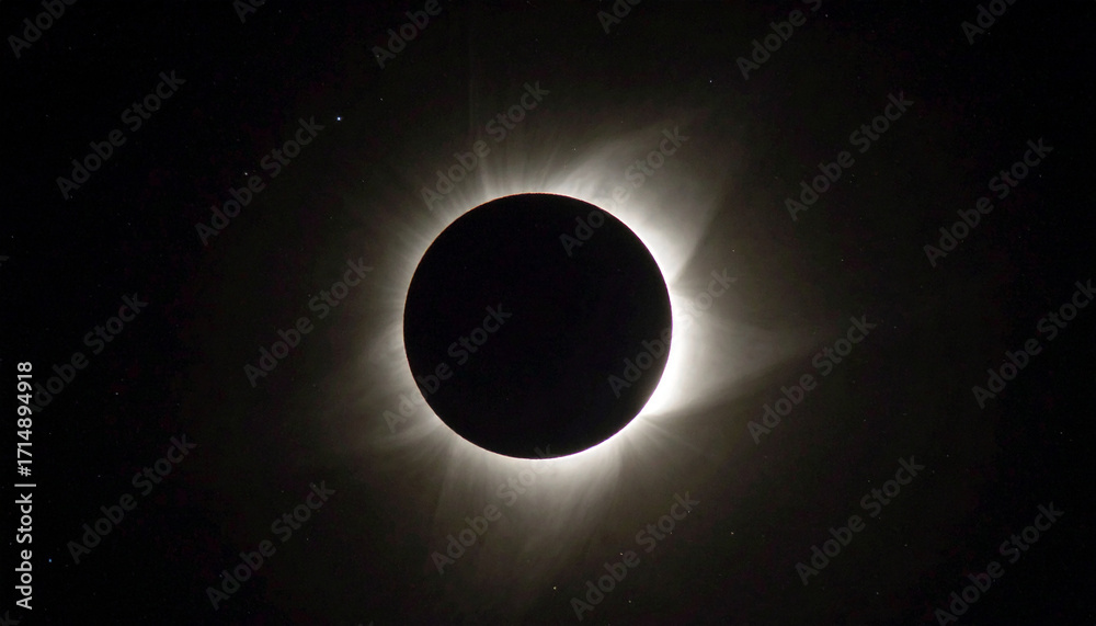 Naklejka premium Cosmic scene of total solar eclipse, dark silhouette of the moon, stars faintly on background