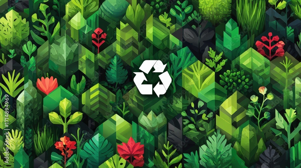 Fototapeta premium Green Ecosystem with Recycling Symbol: A vibrant display of green leaves, plants, and the recycling symbol underscores the interconnectedness of nature and sustainability.