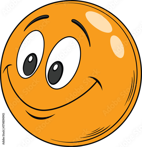 Orange smiling emoji cartoon face with wide eyes and happy expression, cheerful emoticon illustration for sticker, mascot, chat icon, digital artwork, and fun communication design.