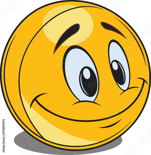 Smiling yellow emoji cartoon face with big eyes and happy expression, cheerful emoticon illustration for sticker, mascot, digital design, chat icon, and fun communication artwork.