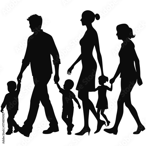 Diverse family members walking together in a unified silhouette collection representing togetherness and movement
