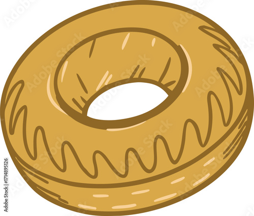 Cartoon donut illustration with round shape and textured surface design. Sweet bakery dessert artwork symbolizing snack, pastry, food, breakfast, and confectionery in vector style.