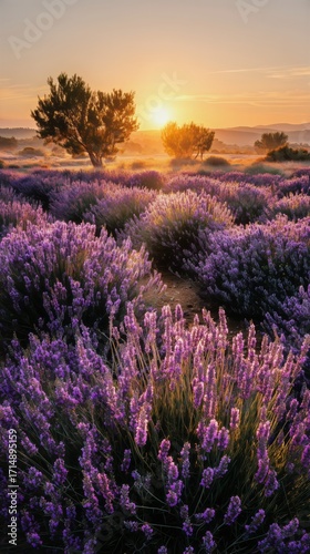 Lavender Fields Bloom Under the Warm Sunset Sky in a Tranquil Landscape