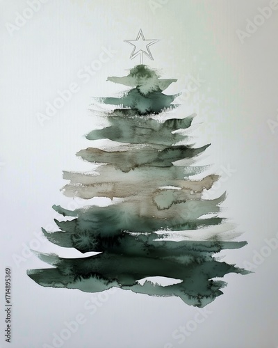 Soft Watercolor Depiction of a Christmas Tree With a Star on Top Against a Li...