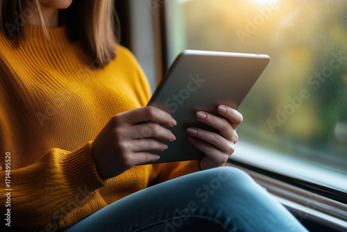 Woman in yellow sweater sits by train window holding a tablet, reading and browsing during commute, relaxed, connected, enjoying daylight travel and digital leisure on the go